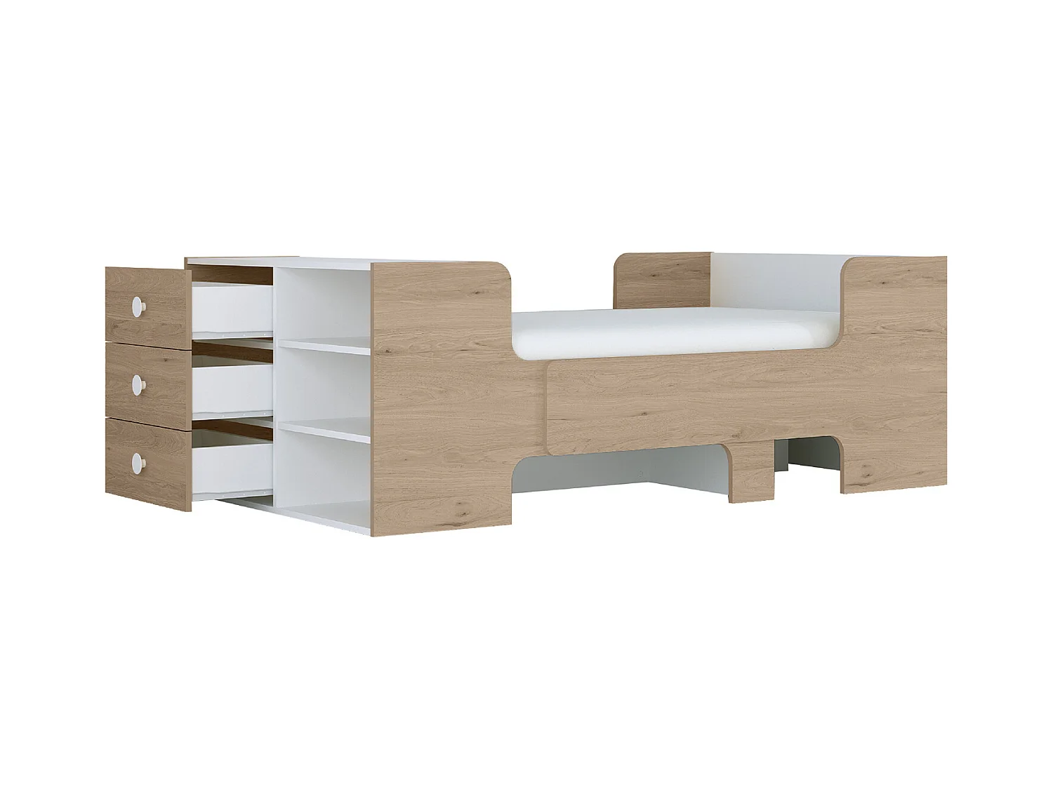 Cama evolutiva 90 x 140/170/200 cm con almacenamiento - Color: Natural y blanco + Colchón - GAROLIO
