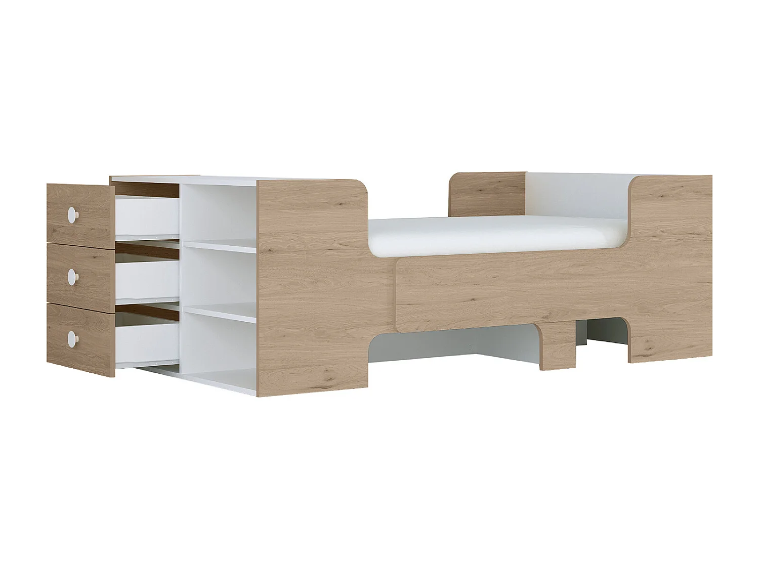 Lit évolutif 90 x 140/170/200 cm avec rangements - Coloris : Naturel et blanc + Matelas - GAROLIO