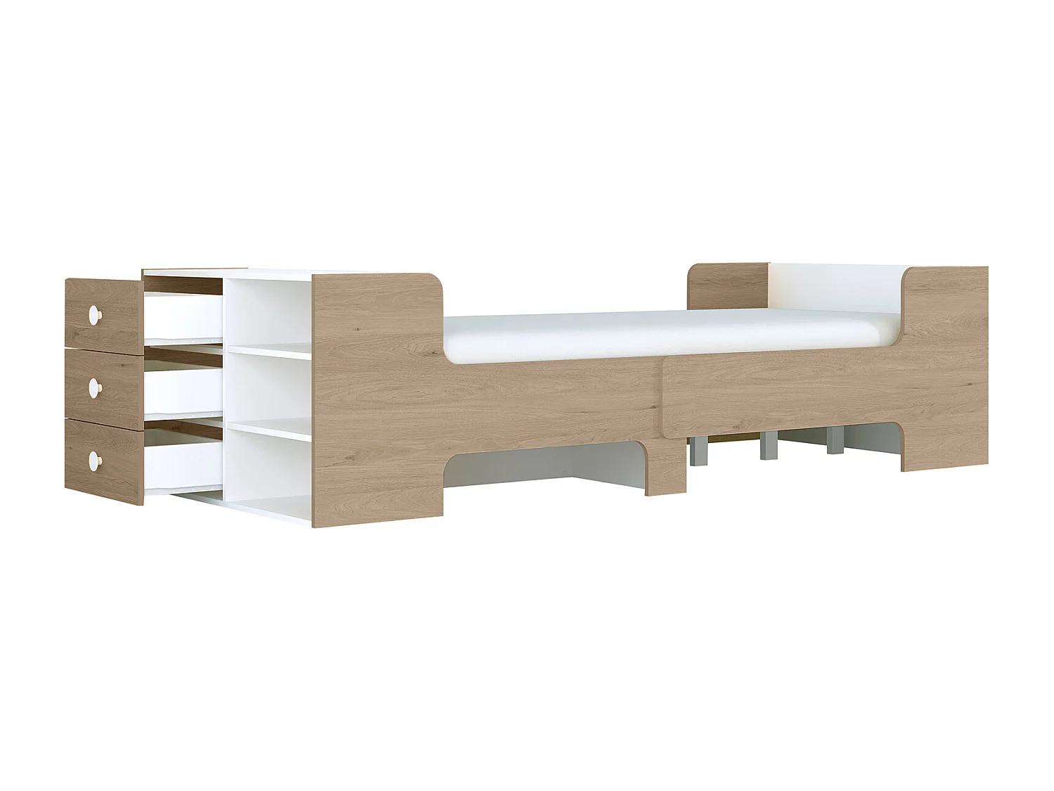 Lit évolutif 90 x 140/170/200 cm avec rangements - Coloris : Naturel et blanc + Matelas - GAROLIO