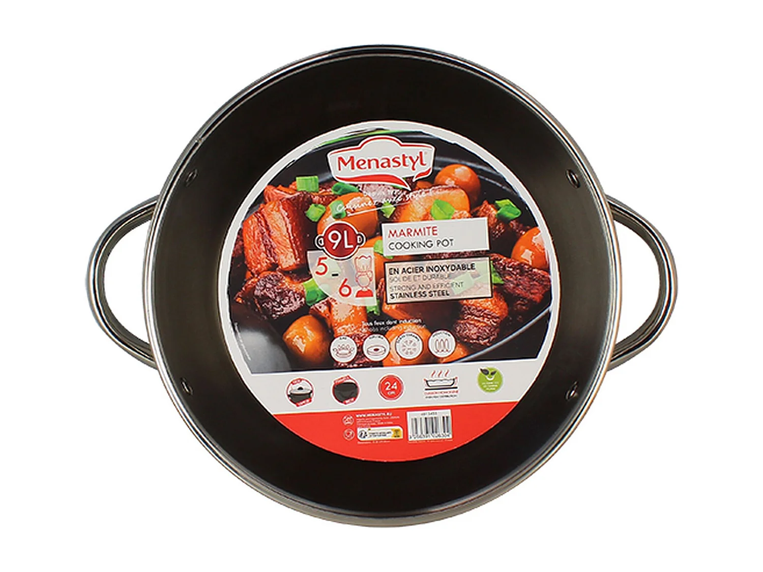 Menastyl - Marmite 9l 24cm En Acier Inoxydable Avec Couvercle En Verre