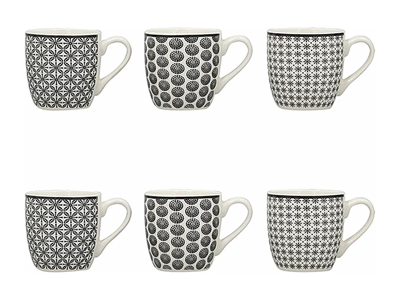 Novastyl - Lot 6 Tasse Cafe Graphik 18cl En Porcelaine 3 Decors Assortis