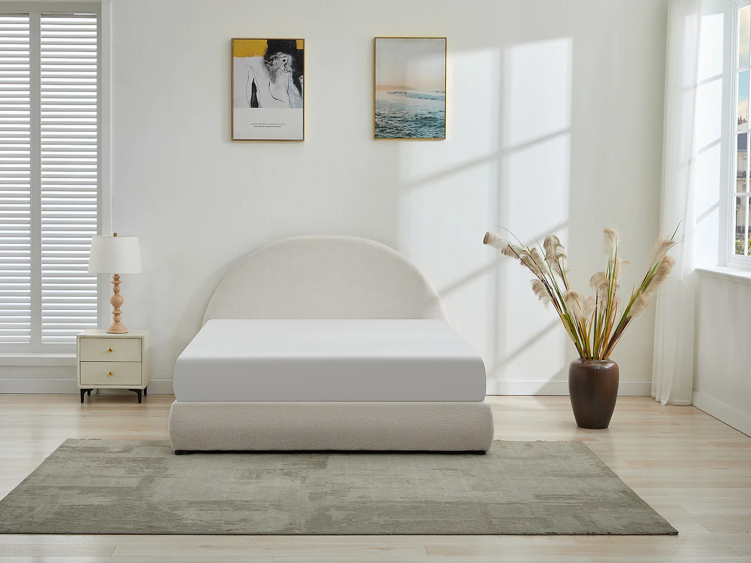Canapé abatible de 140 x 190 cm - Tela rizada - Crema - LIRIMO