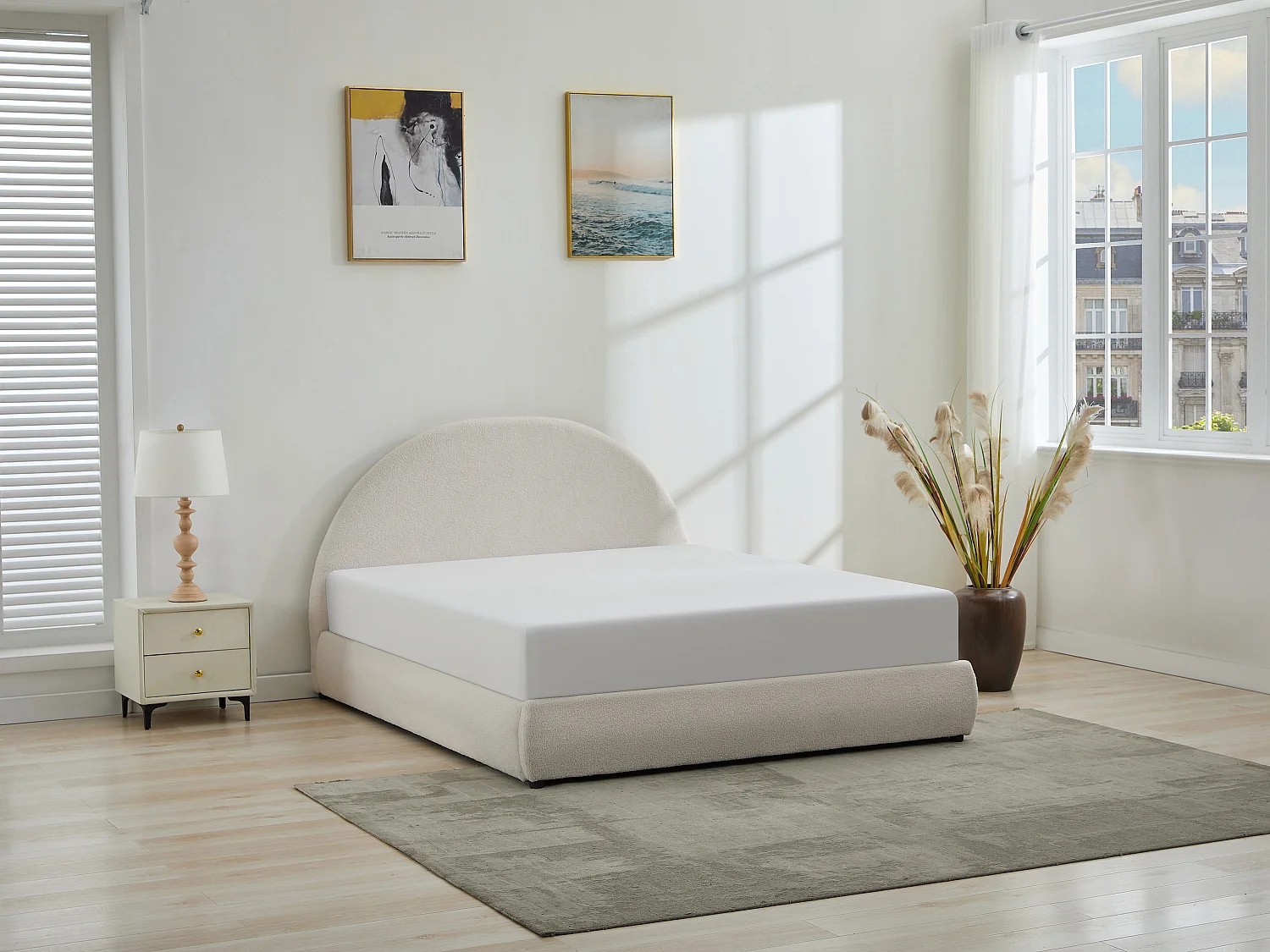 Lit coffre 180 x 200 cm - Tissu bouclette - Crème - LIRIMO