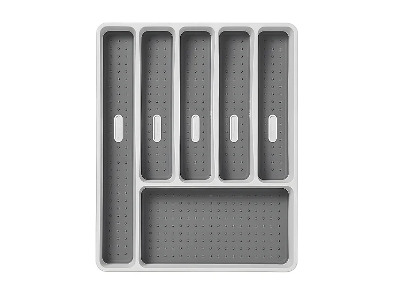 Besteckkasten mit 6 Fächern aus PP+TPR, weiß mit grauer rutschfester Oberfläche