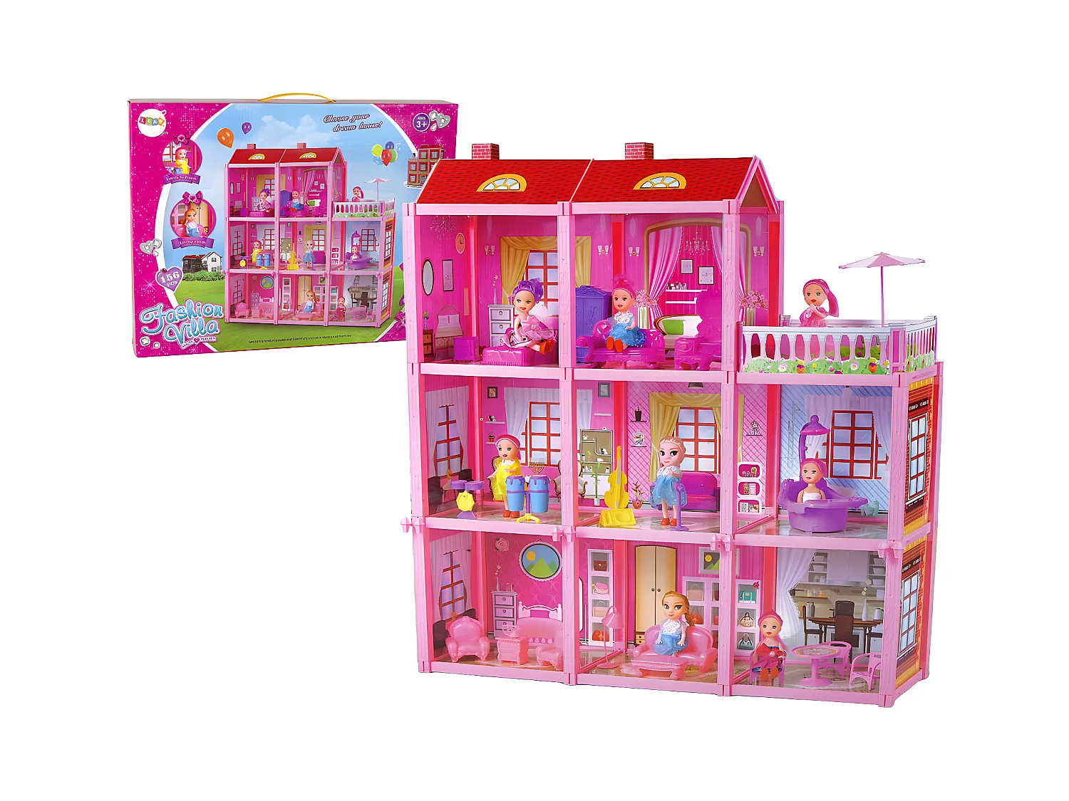 Domek dla lalek DIY Willa Doll Meble Różowe 156 Sztuk Drewnianych dla Dzieci od 3 Lat