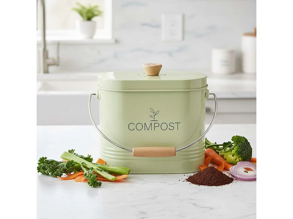 Composteur de cuisine ovale en métal avec filtre Vert pastel - 3 litres