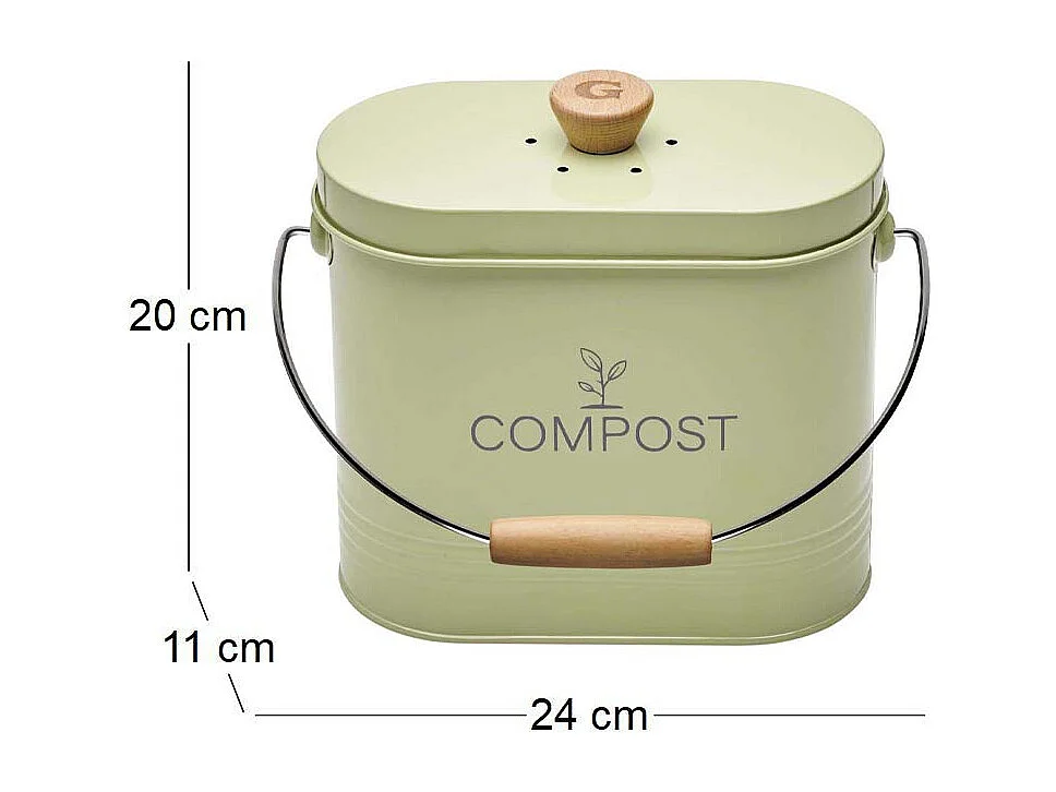 Composteur de cuisine ovale en métal avec filtre Vert pastel - 3 litres