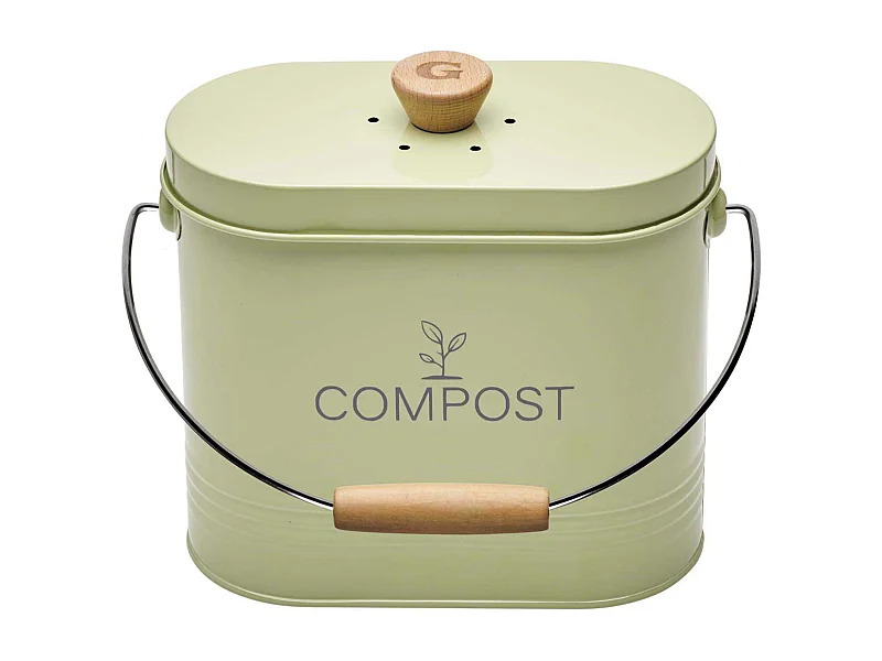 Composteur de cuisine ovale en métal avec filtre Vert pastel - 3 litres