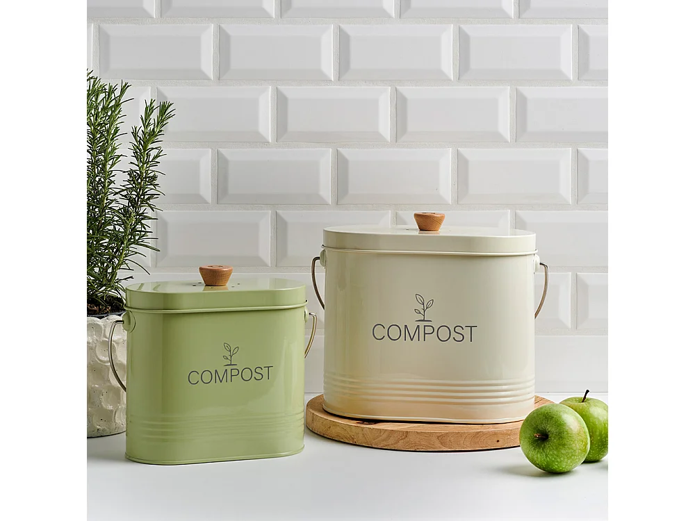 Composteur de cuisine ovale en métal avec filtre Vert pastel - 7 litres