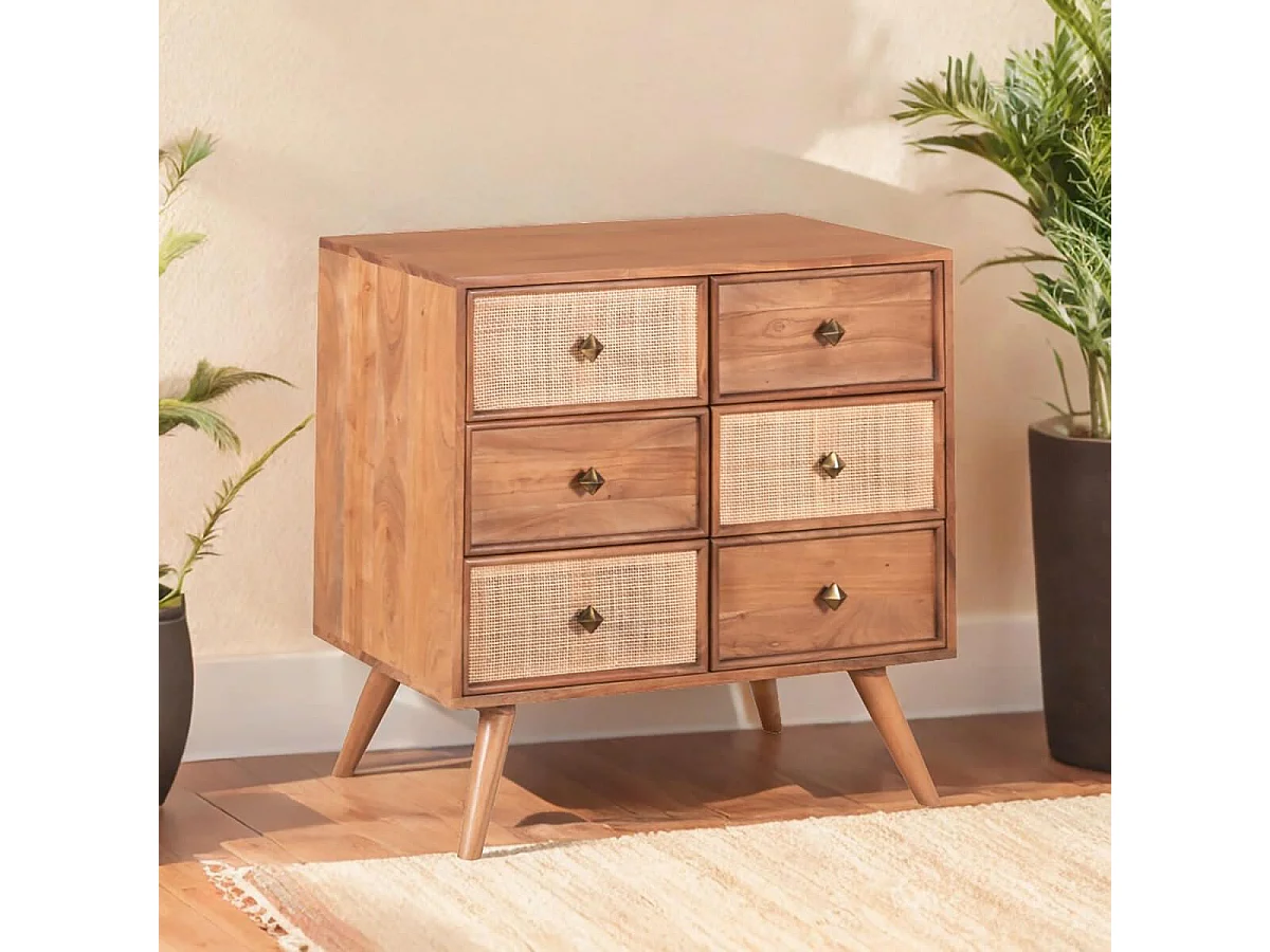 KESIAH - Commode 3 tiroirs en acacia finition teinté teck avec plaquage cannage