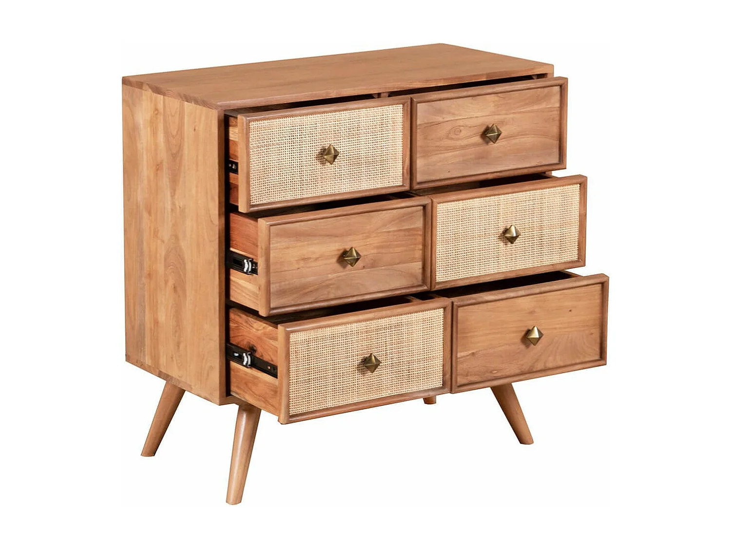 KESIAH - Commode 3 tiroirs en acacia finition teinté teck avec plaquage cannage