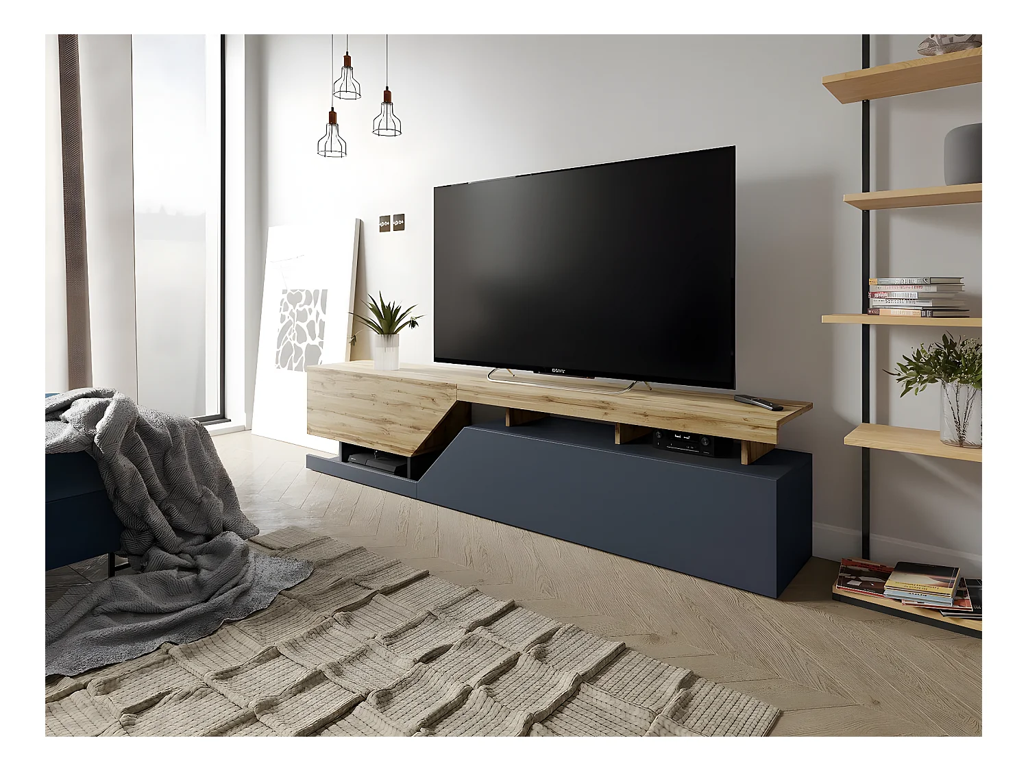 Mueble TV "Ceelias" - 200 x 46 x 35 cm - Gris / Marrón
