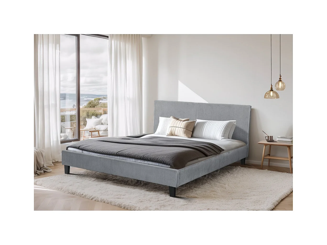 Lit en Velours Cotelé "Ambre" - 140 x 190 - Gris