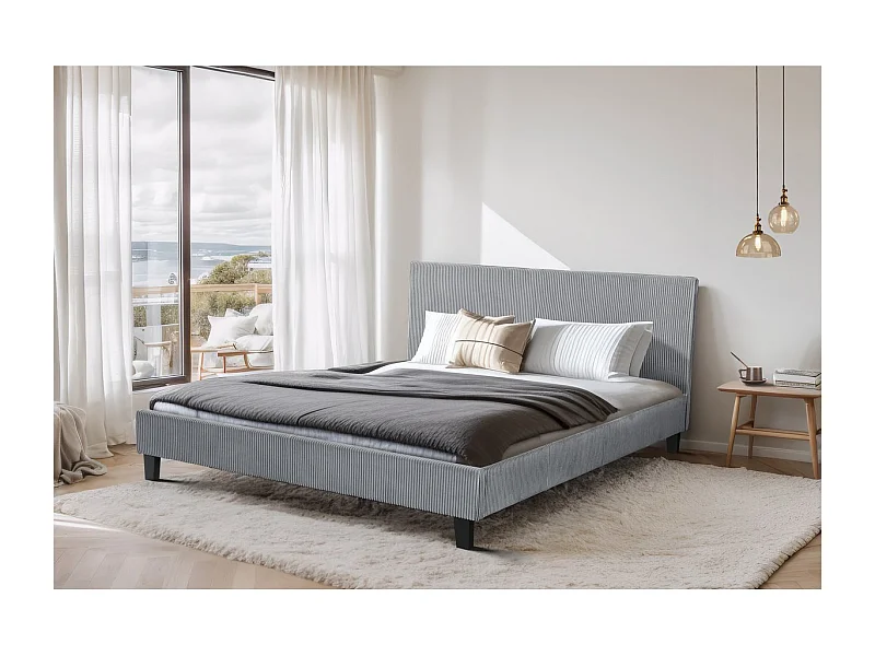 Lit en Velours Cotelé "Ambre" - 140 x 190 - Gris