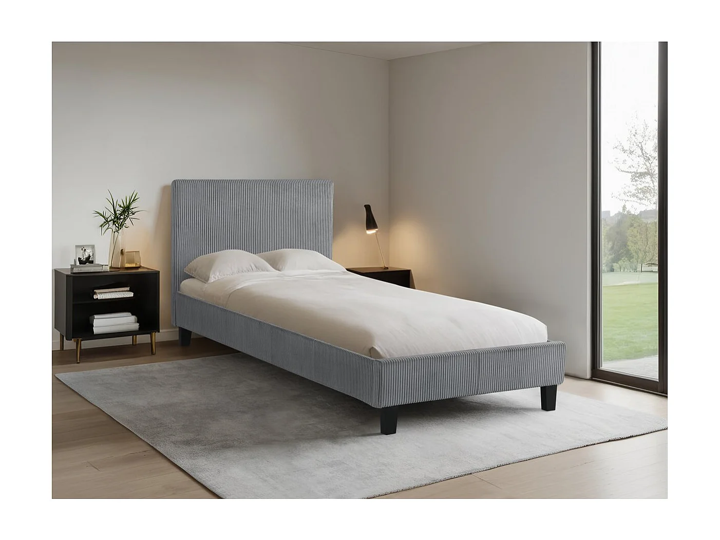 Fluweel Corduroy Bed "Ambre" - 90 x 190 - Grijs, Comfortabel en Elegant voor Compacte Ruimtes
