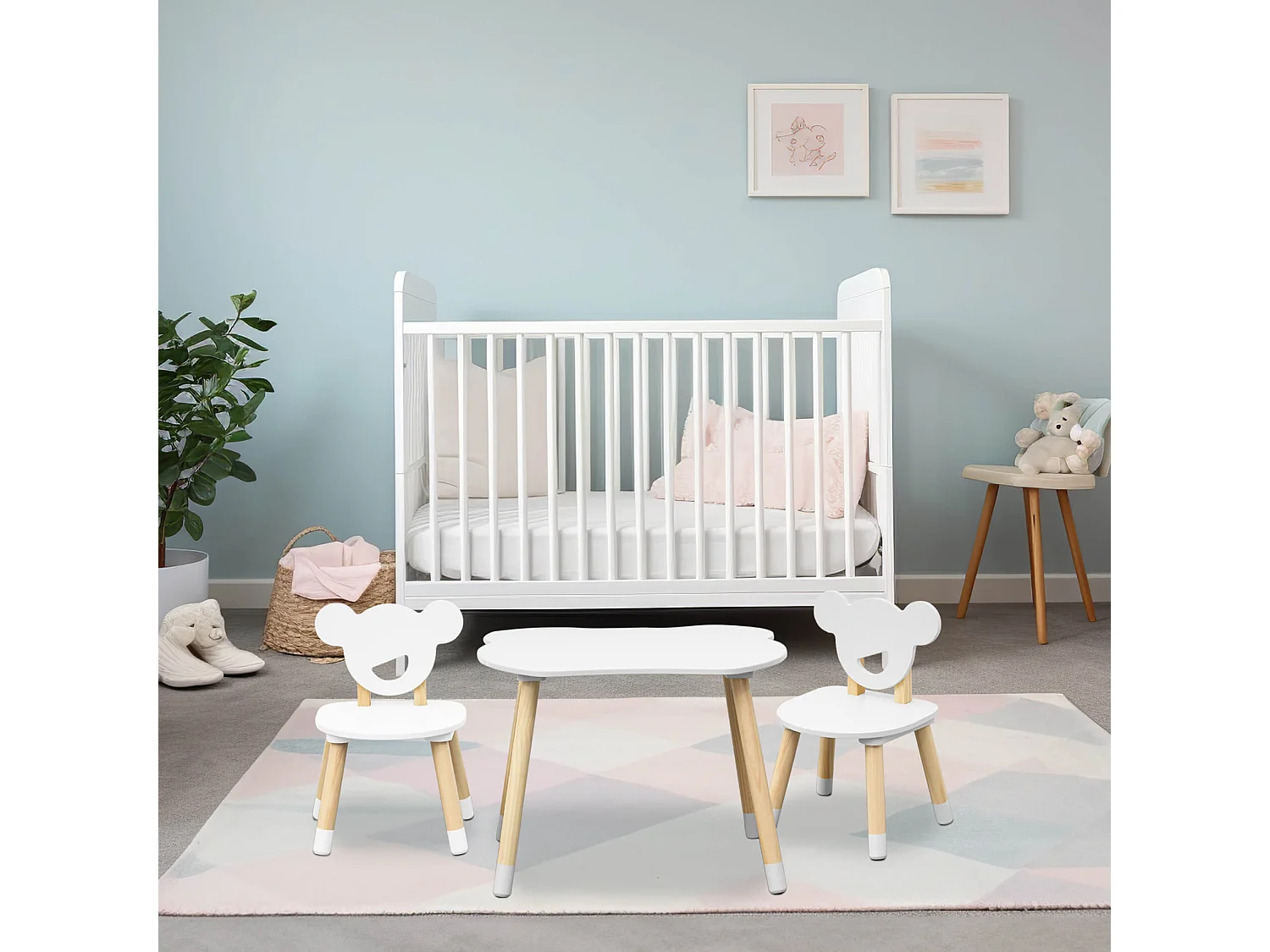 Tavolino e 2 Sedie per Bambini Rebecca Mobili Nefel 44x60x56 MDF Pino Bianco Marrone SET 3 pezzi