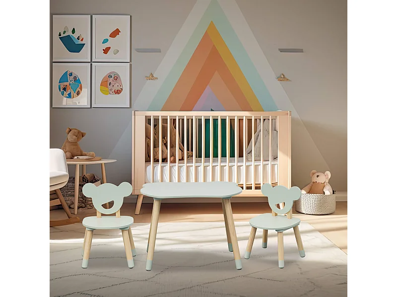 Tavolino e 2 Sedie per Bambini Rebecca Mobili Aniba 44x60x56 MDF Pino Verde Acqua Marrone SET 3 pezzi