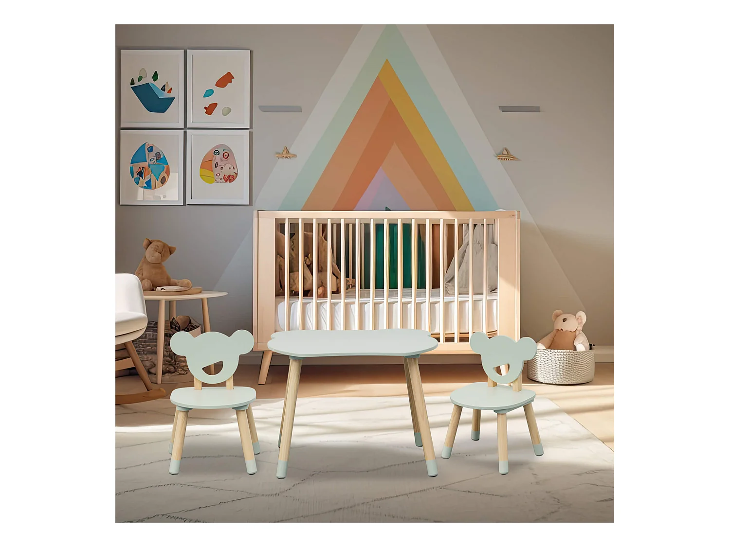 Tavolino e 2 Sedie per Bambini Rebecca Mobili Aniba 44x60x56 MDF Pino Verde Acqua Marrone SET 3 pezzi