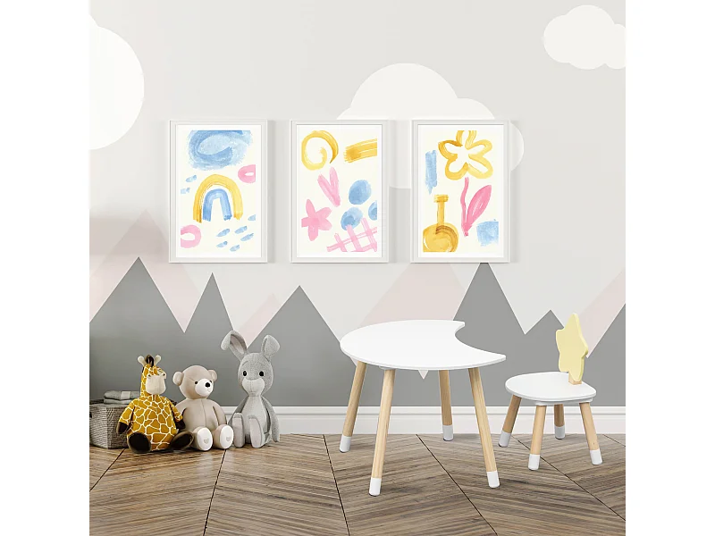 Tavolino e Sedia per Bambini Rebecca Mobili Buriti 44x60x40 MDF Pino Bianco Marrone SET 2 pezzi