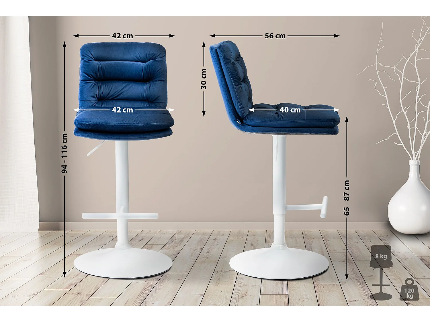 Lot de 2  Tabouret de bar - Velours & Blanc - Bleu - Damar