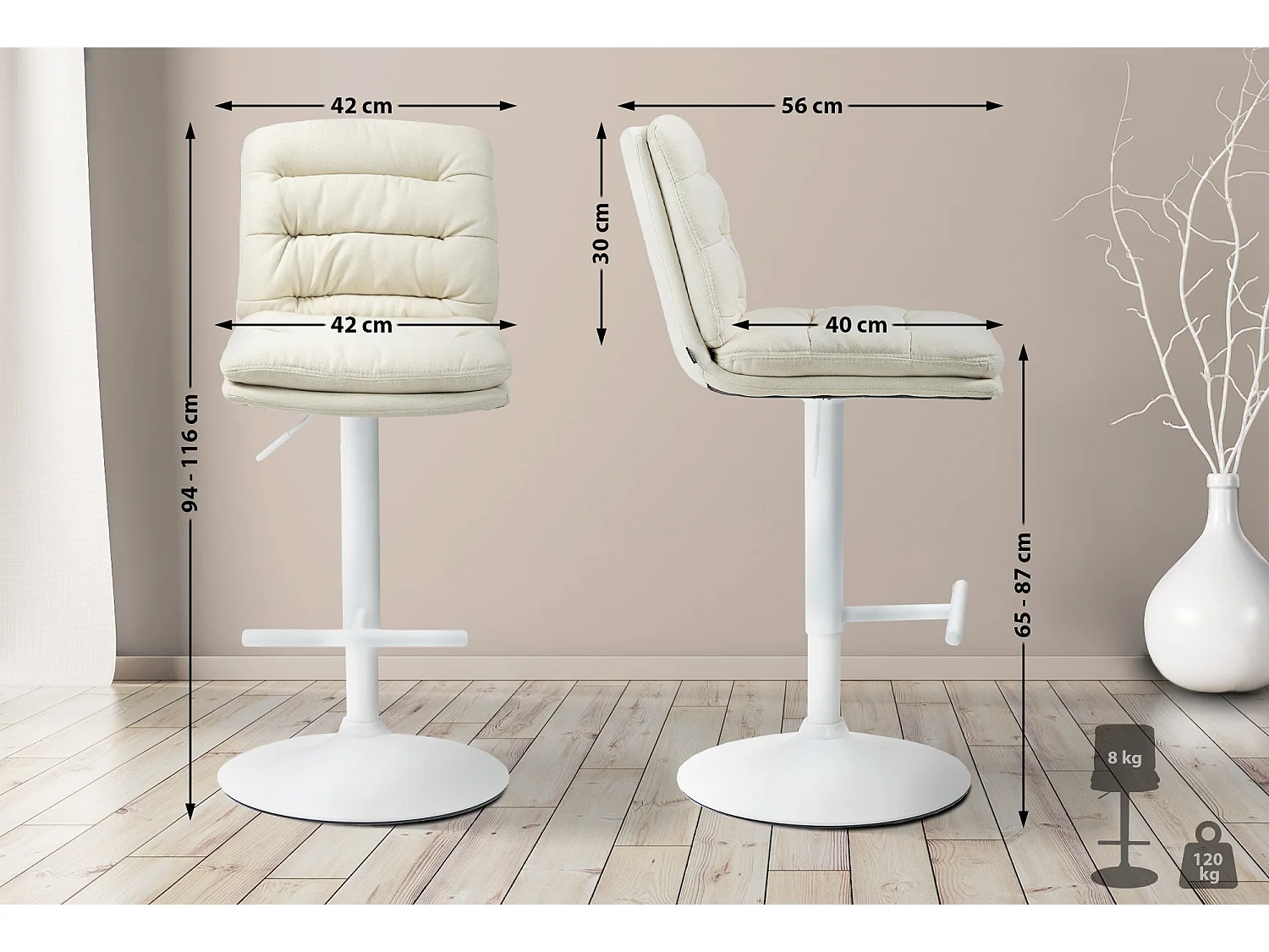 Lot de 2  Tabouret de bar - Tissu & Blanc - Crème - Damar