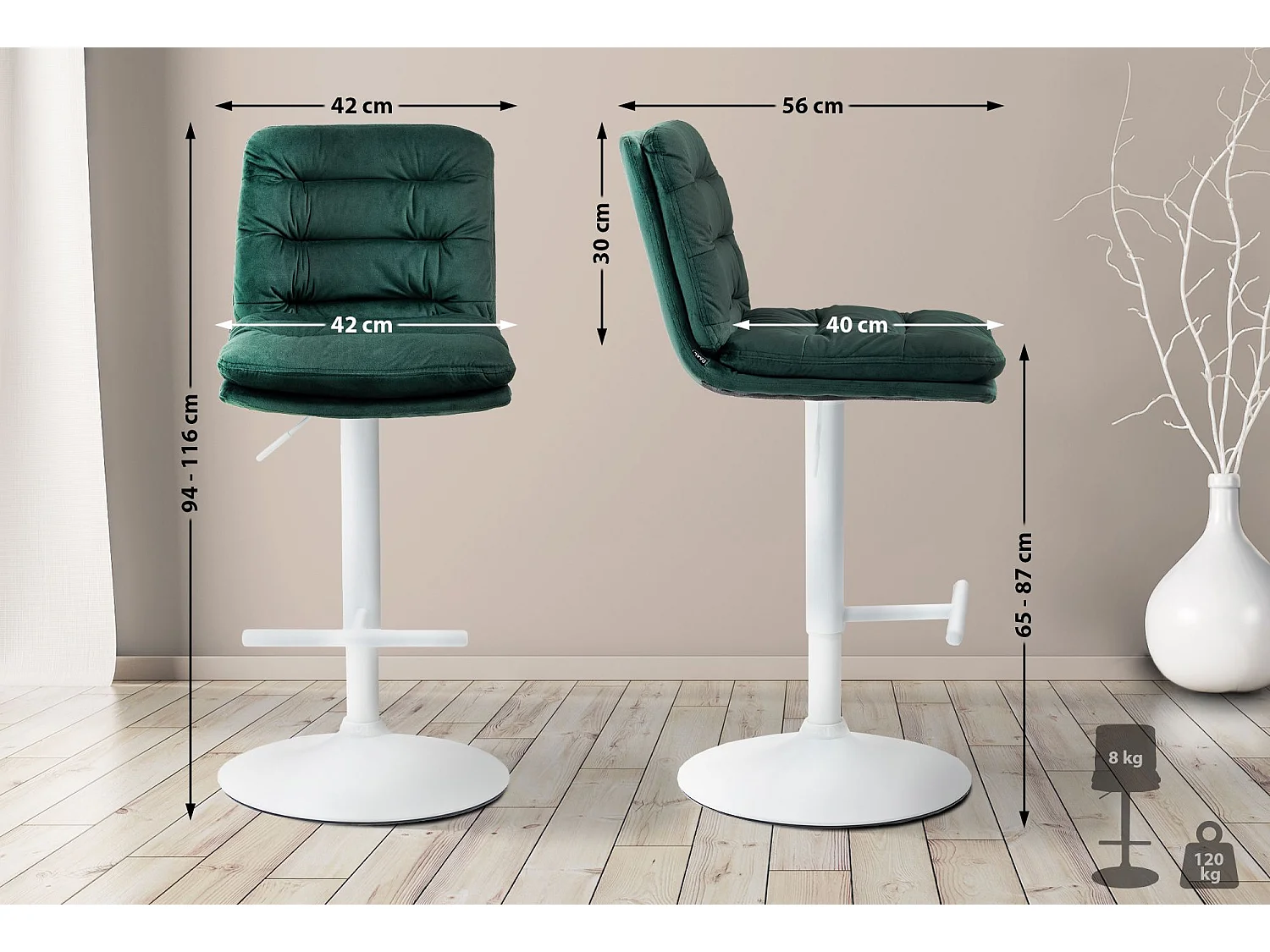 Tabouret de bar - Velours & Blanc - Vert - Damar