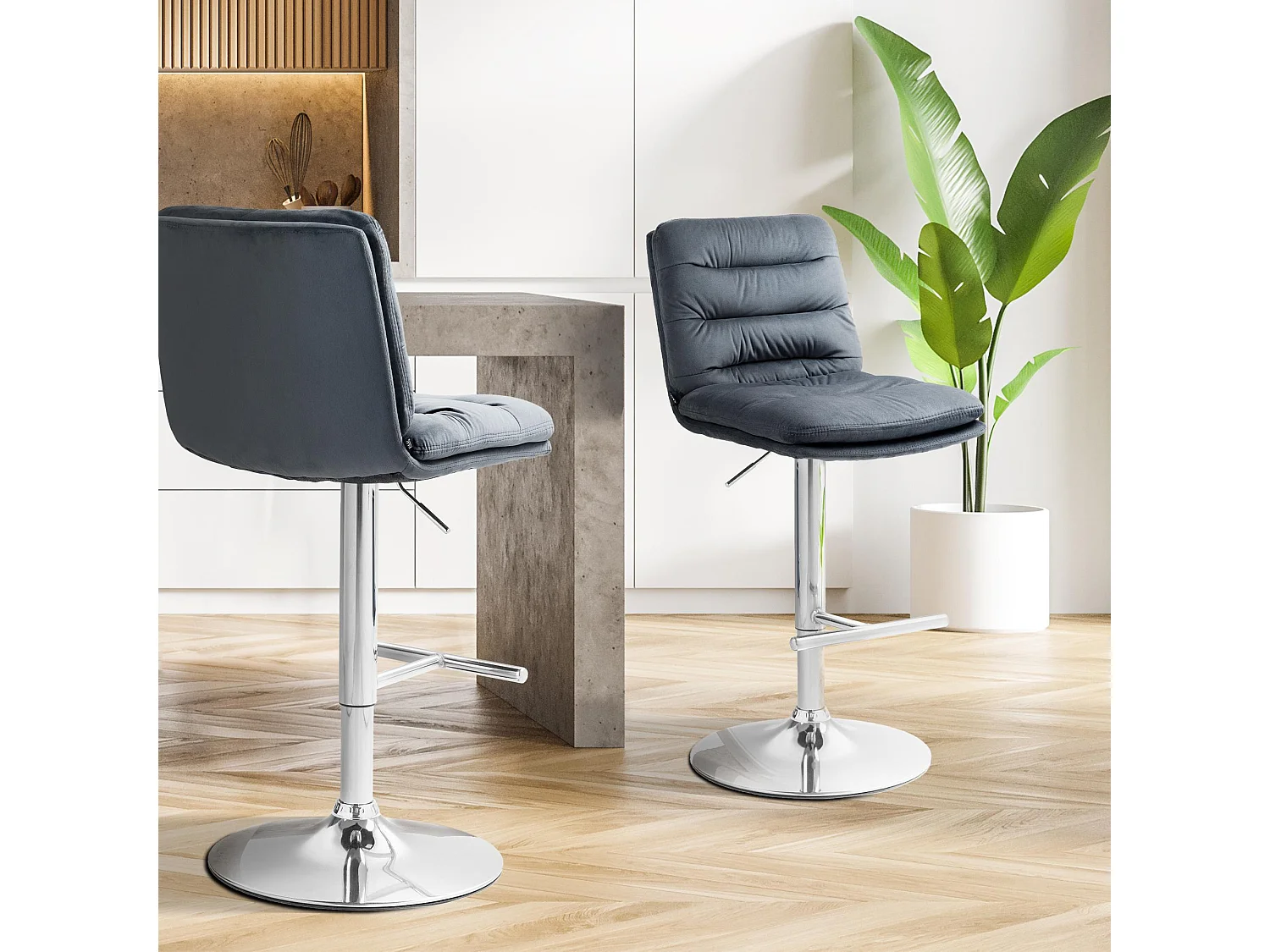Lot de 2  Tabouret de bar - Velours & Chrome - Gris foncé - Damar