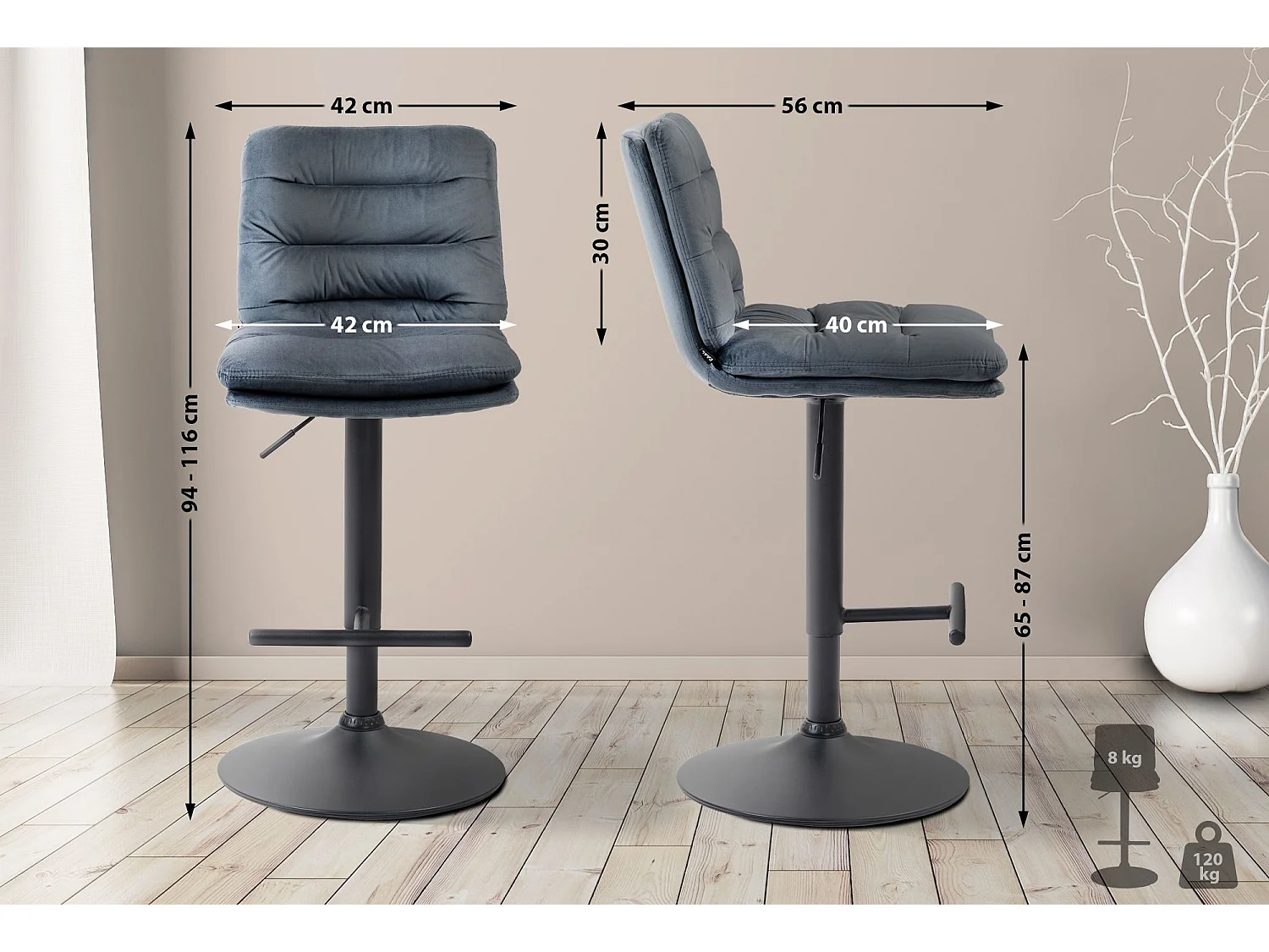 Lot de 2  Tabouret de bar - Velours & Noir - Gris foncé - Damar