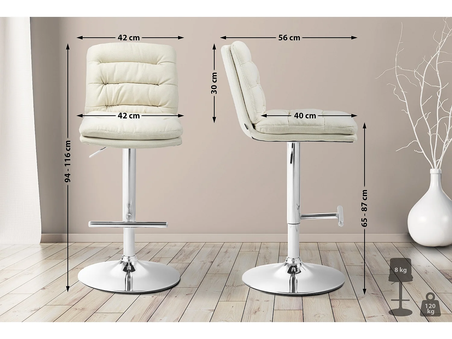 Lot de 2  Tabouret de bar - Tissu & Chrome - Crème - Damar