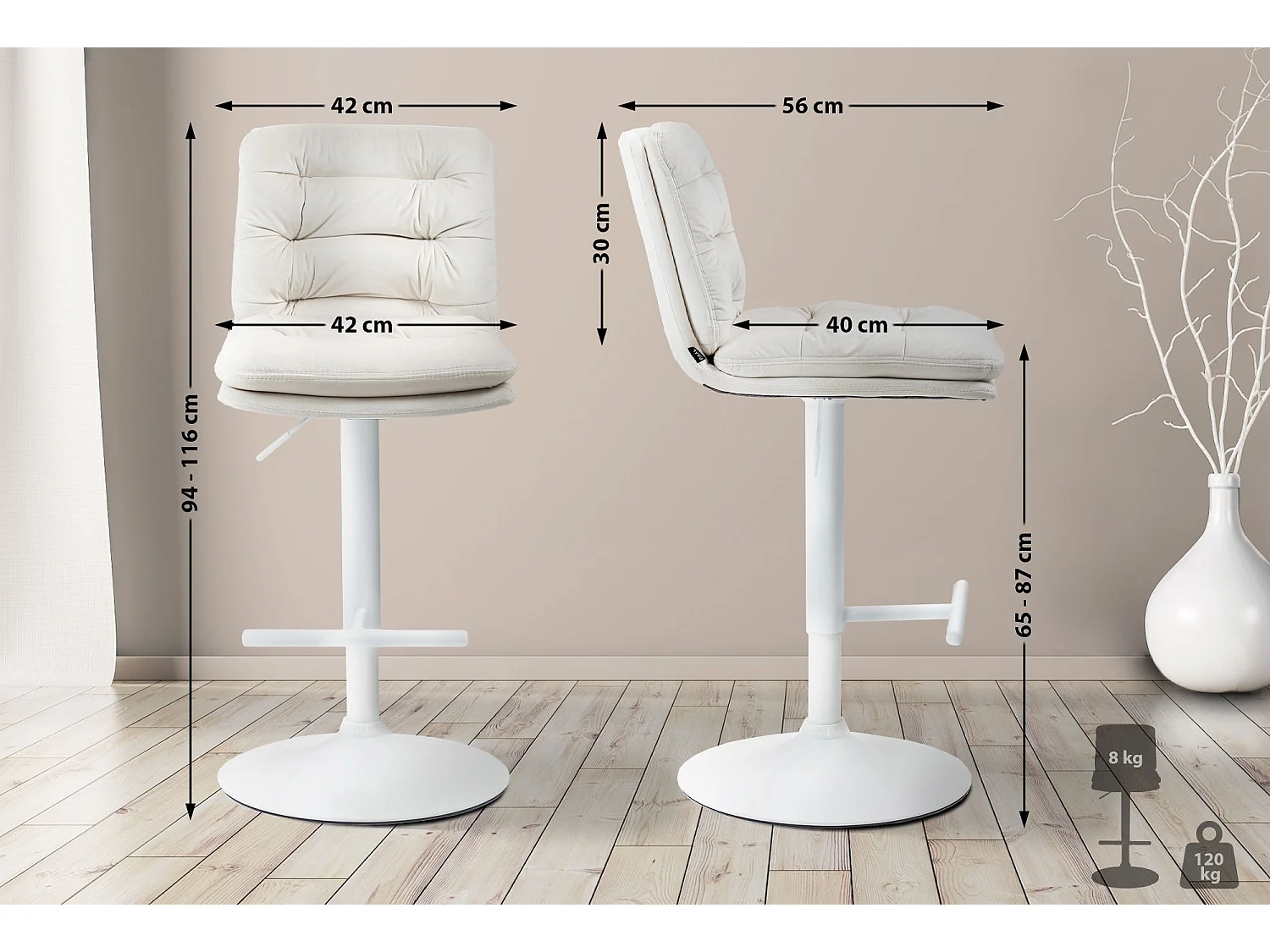 Lot de 2  Tabouret de bar - Velours & Blanc - Crème - Damar