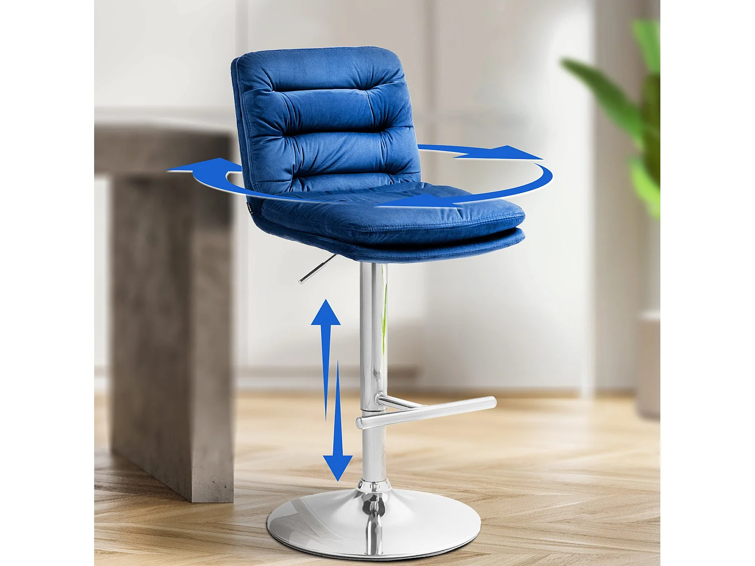Lot de 2  Tabouret de bar - Velours & Chrome - Bleu - Damar