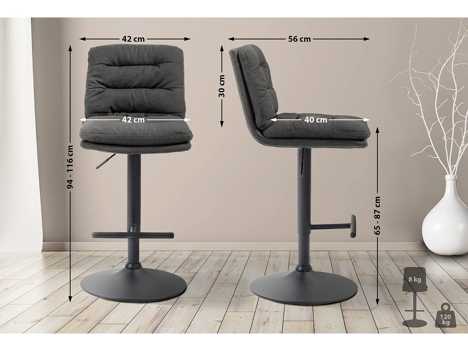 Lot de 2  Tabouret de bar - Tissu & Noir - Gris foncé - Damar