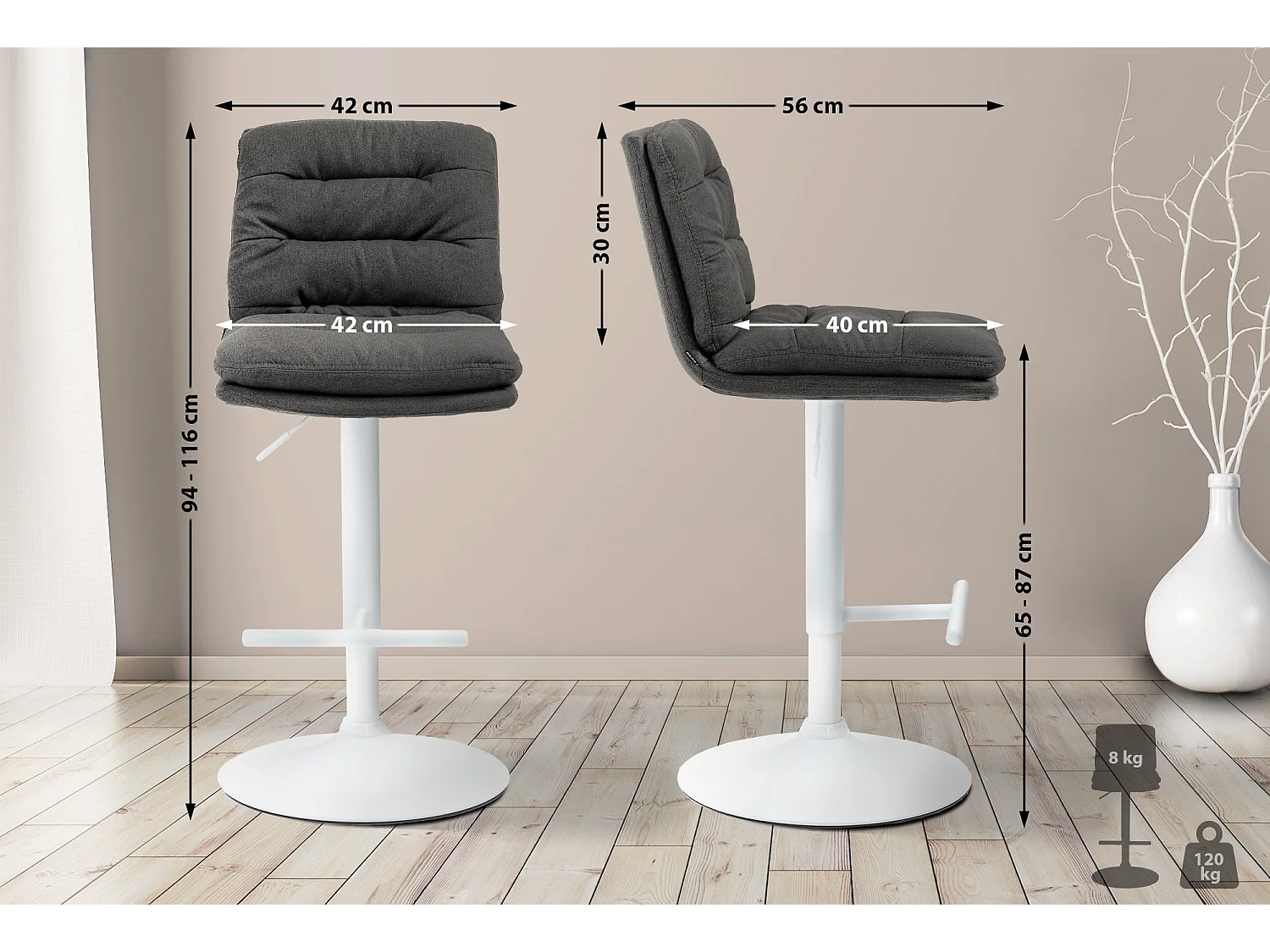 Lot de 2  Tabouret de bar - Tissu & Blanc - Gris foncé - Damar