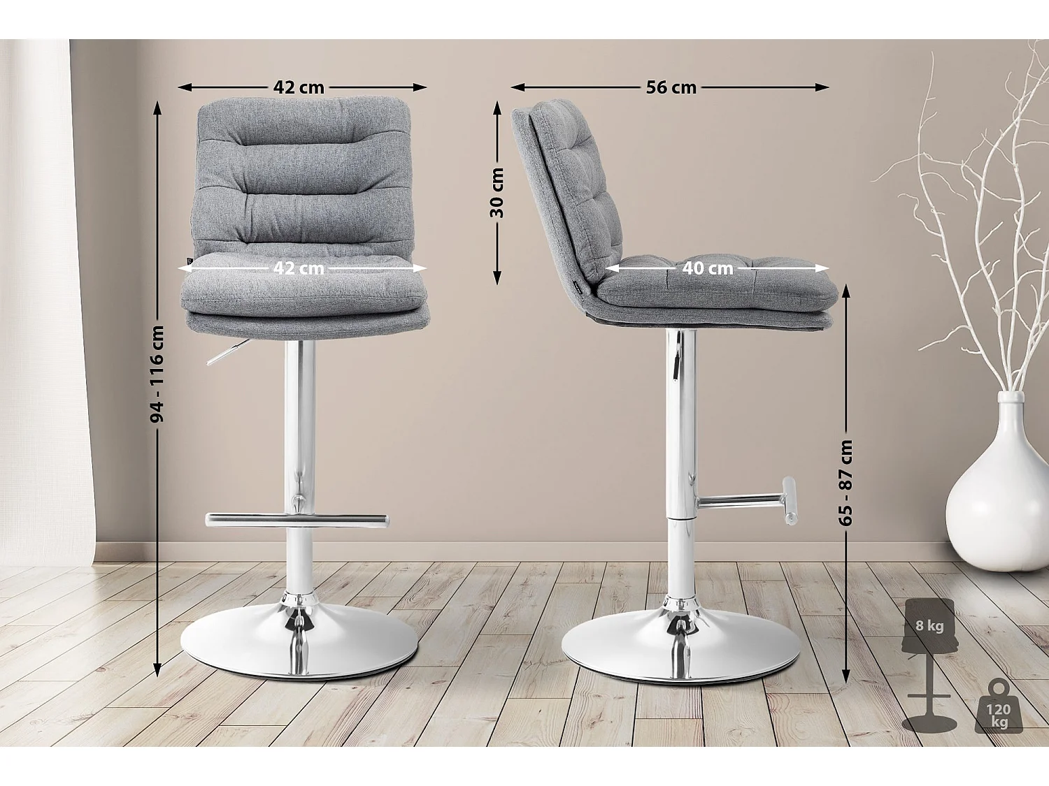 Lot de 2  Tabouret de bar - Tissu & Chrome - Gris - Damar