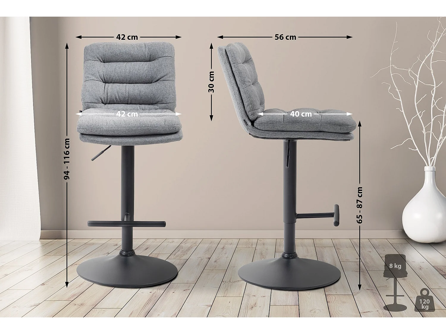 Lot de 2  Tabouret de bar - Tissu & Noir - Gris - Damar