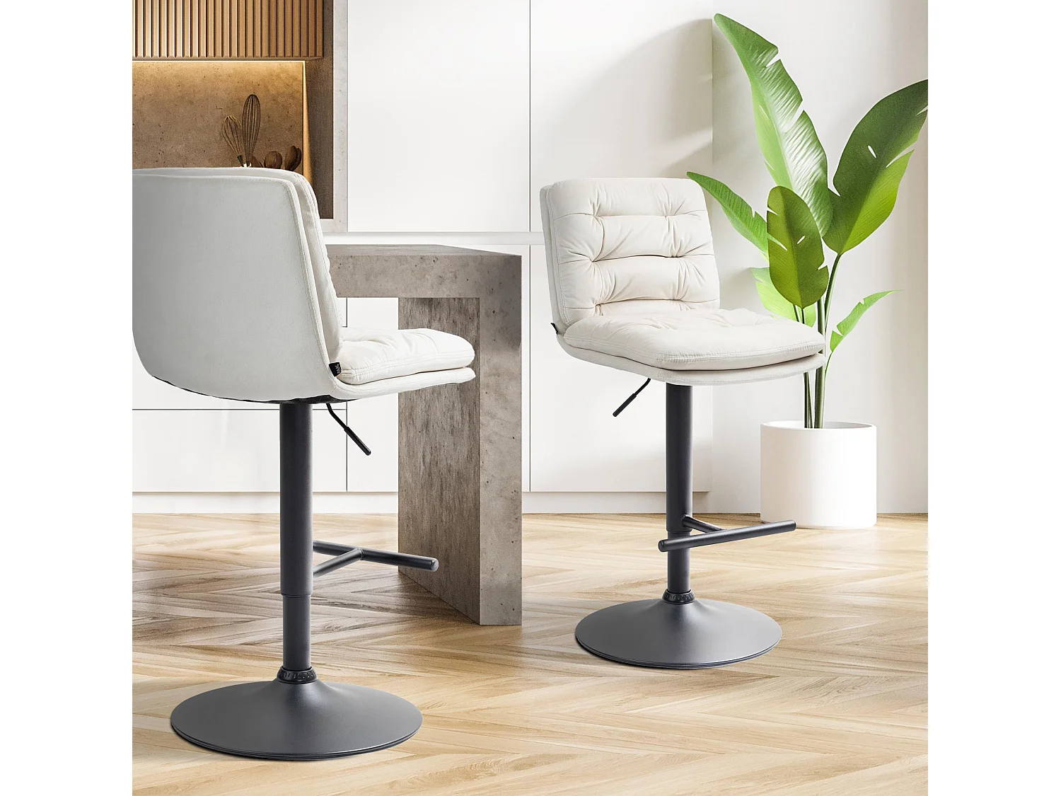 Lot de 2  Tabouret de bar - Velours & Noir - Crème - Damar
