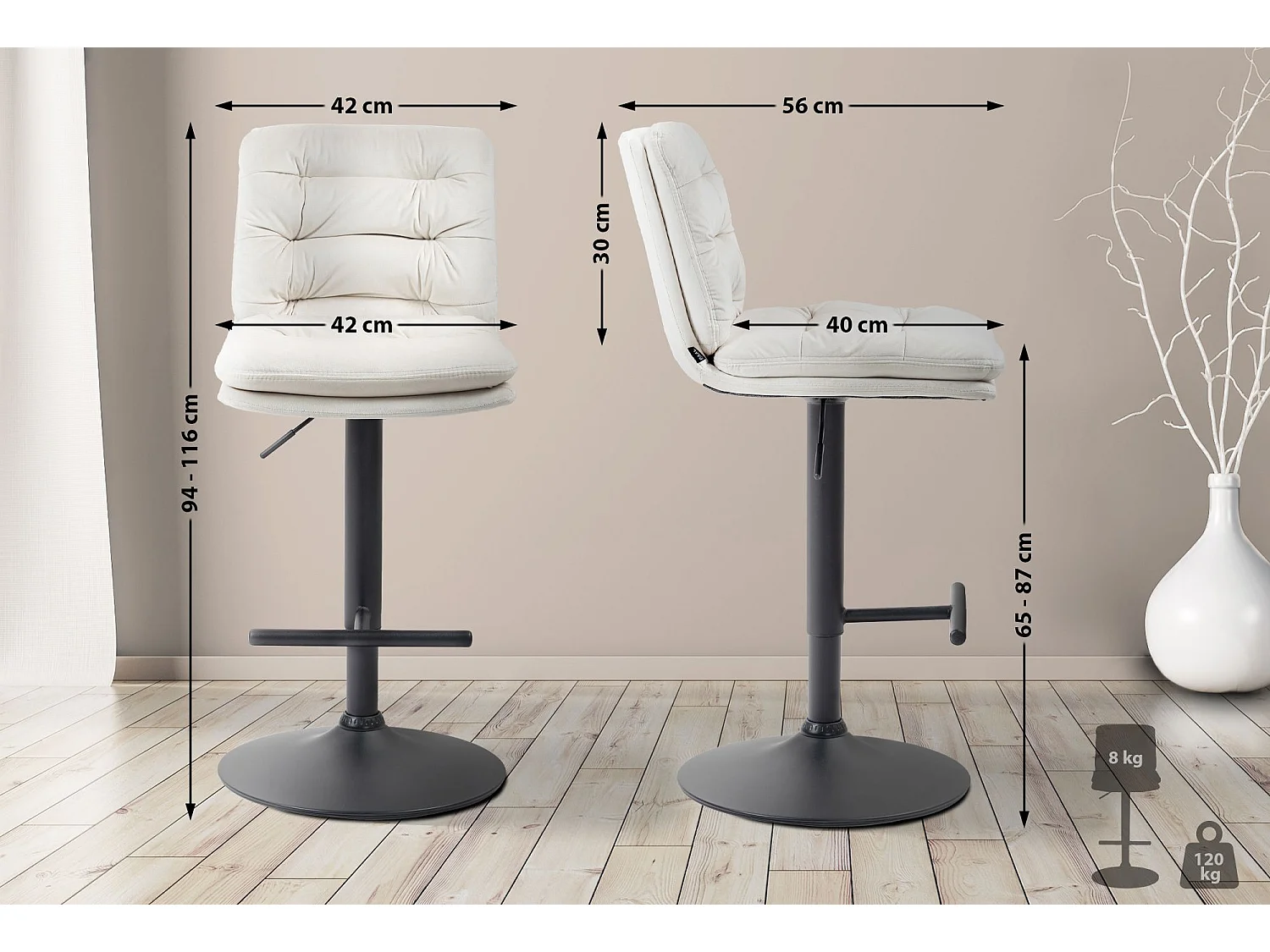 Lot de 2  Tabouret de bar - Velours & Noir - Crème - Damar