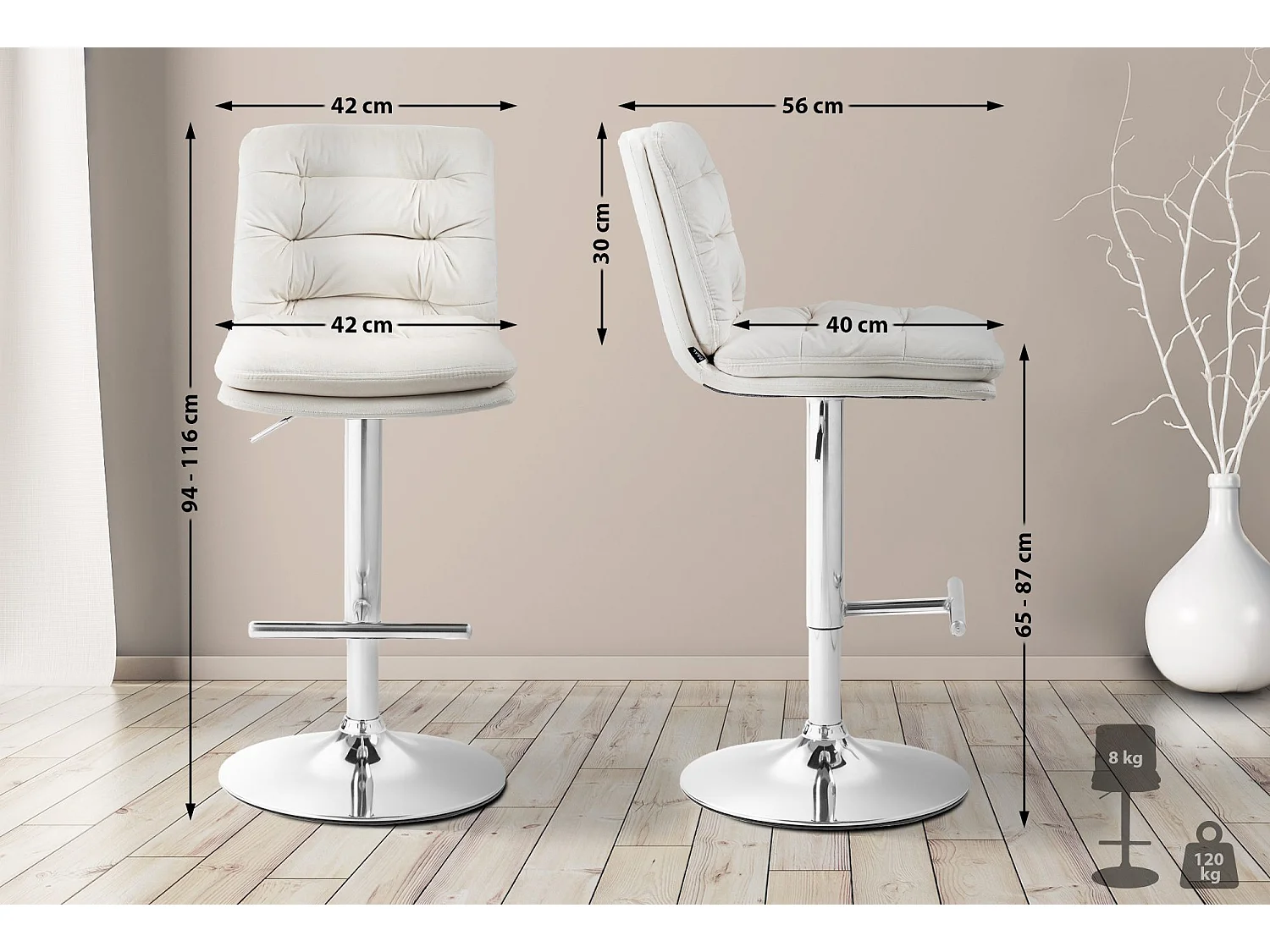 Lot de 2  Tabouret de bar - Velours & Chrome - Crème - Damar