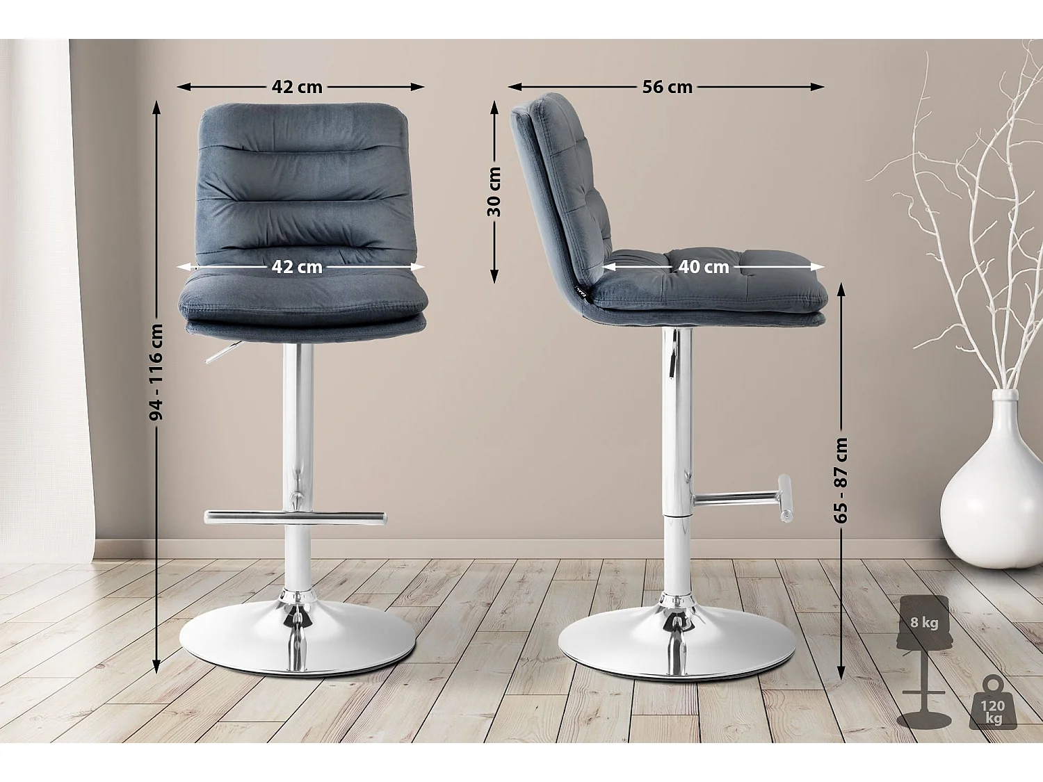 Tabouret de bar - Velours & Chrome - Gris foncé - Damar