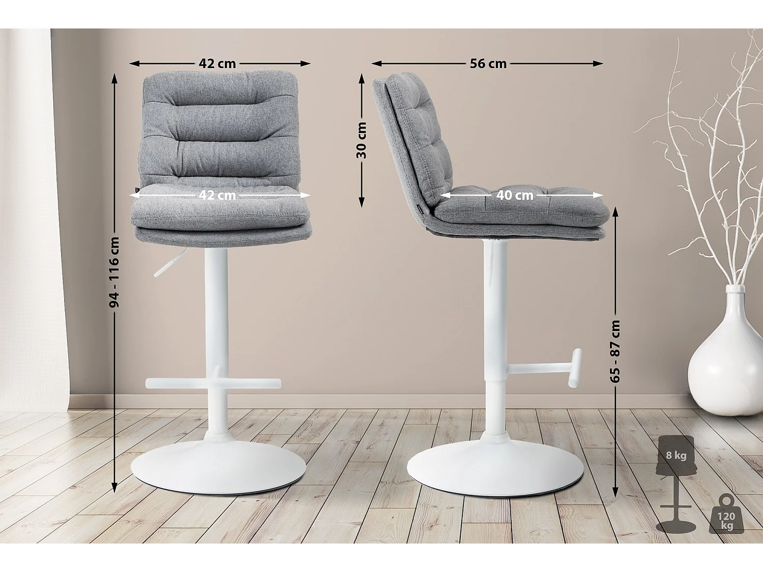 Lot de 2  Tabouret de bar - Tissu & Blanc - Gris - Damar