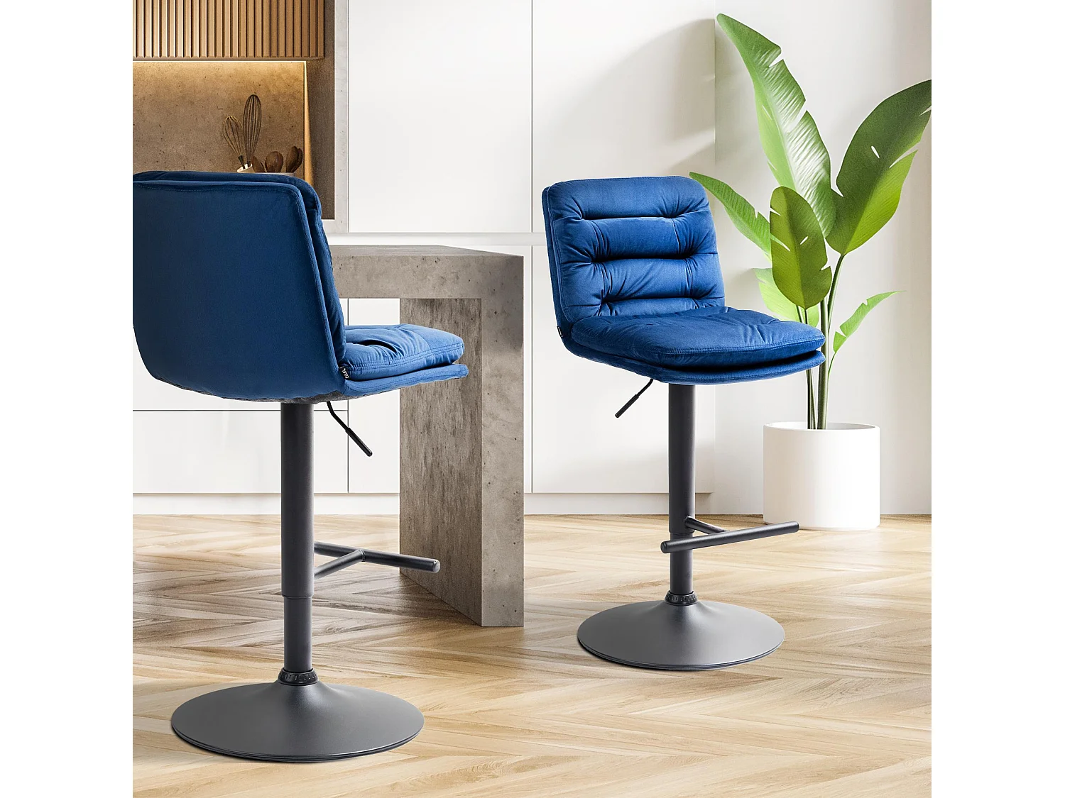 Lot de 2  Tabouret de bar - Velours & Noir - Bleu - Damar