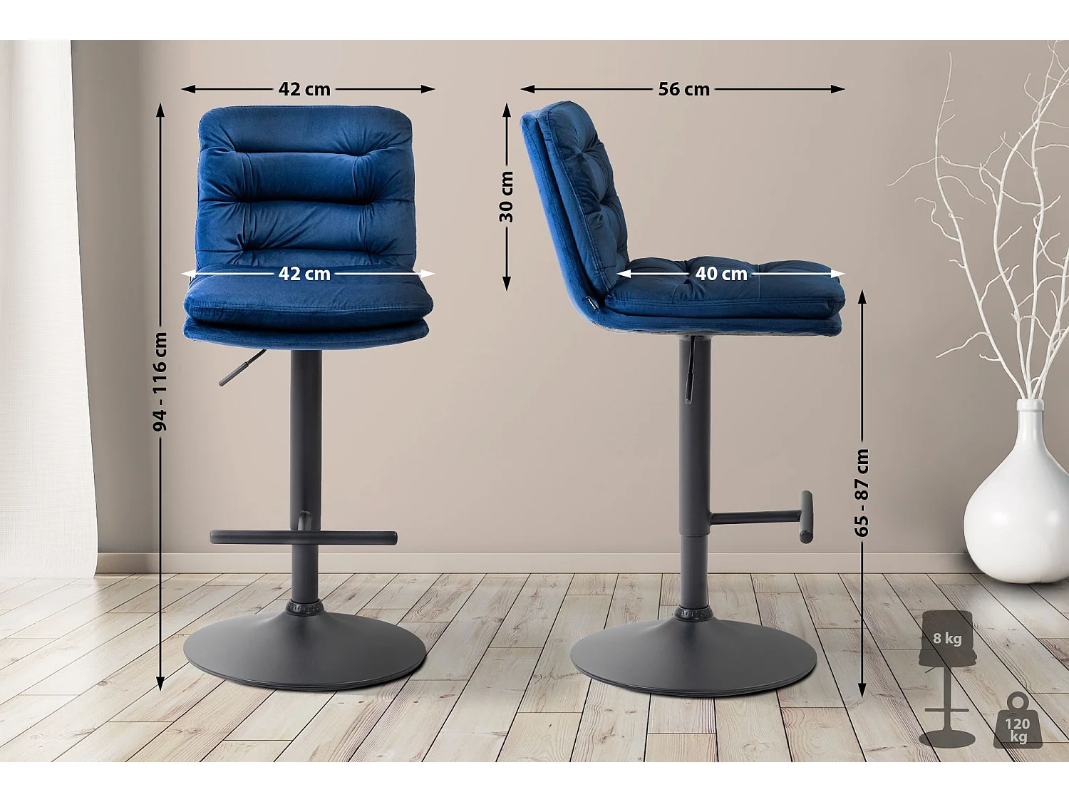 Lot de 2  Tabouret de bar - Velours & Noir - Bleu - Damar