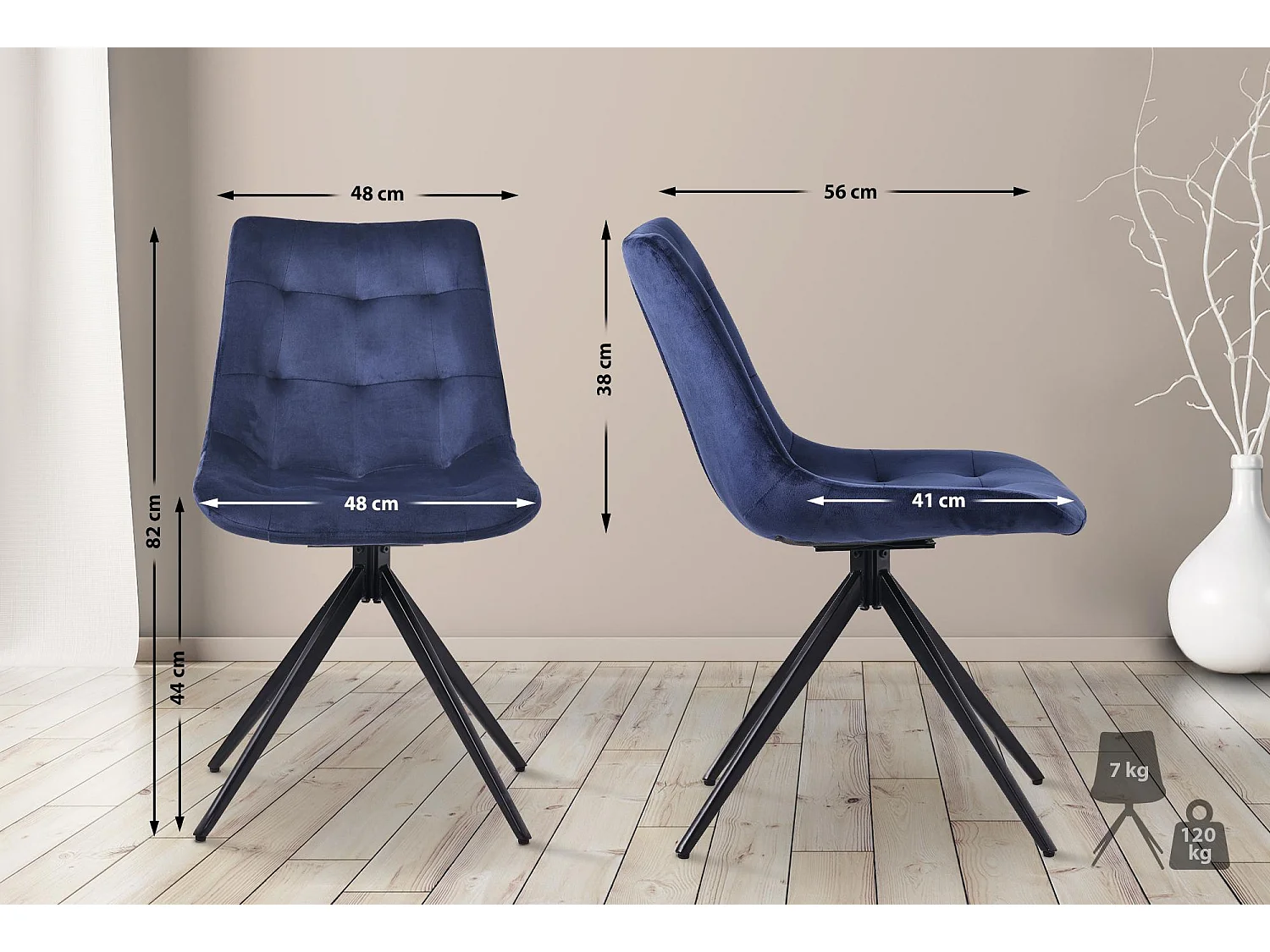 chaise salle à manger - Velours - Bleu foncé - Merna