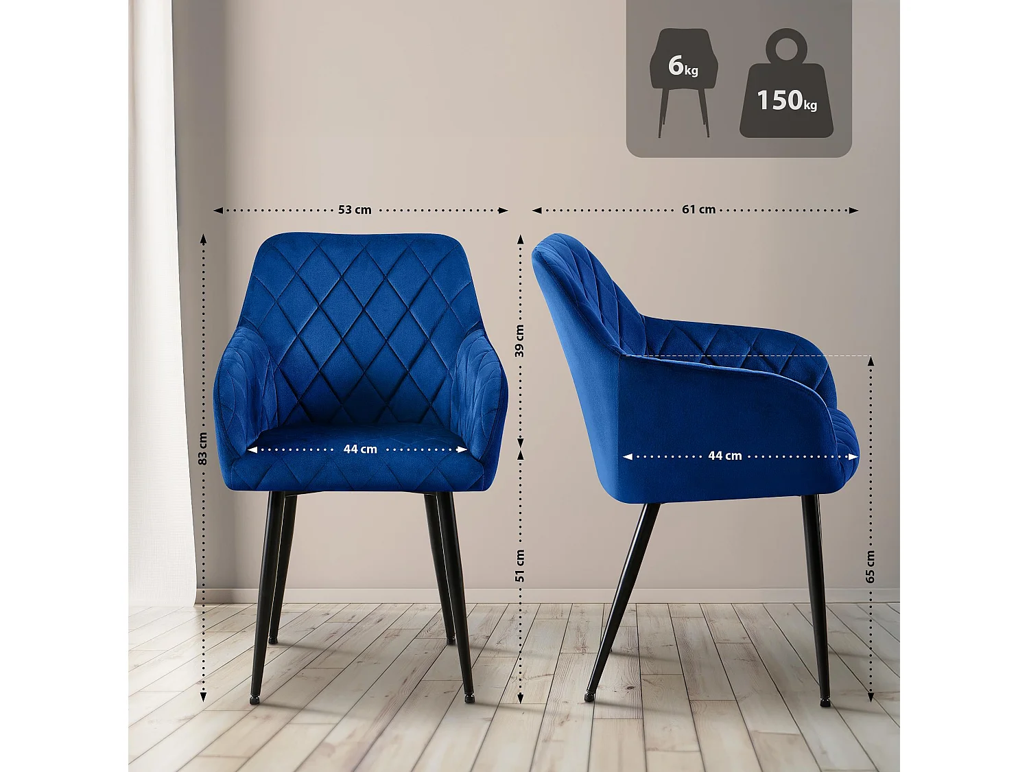 chaises avec accoudoirs - Velours - Bleu foncé - Monett
