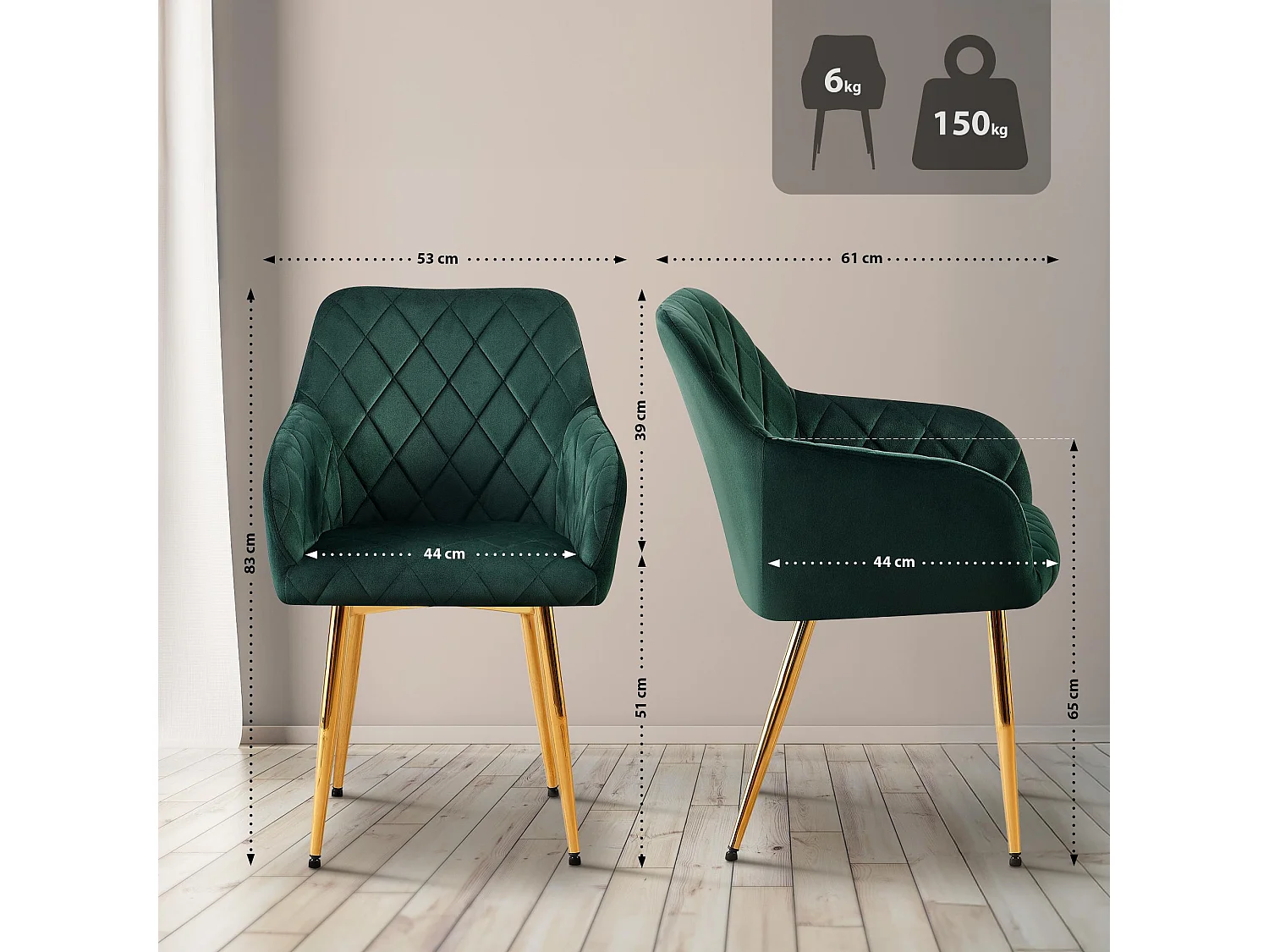 chaises avec accoudoirs - Velours - Vert - Monett