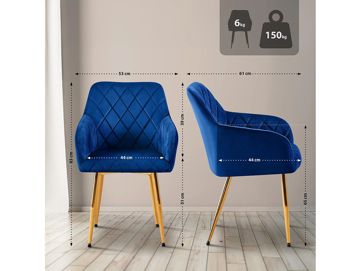 chaises avec accoudoirs - Velours - Bleu foncé - Monett