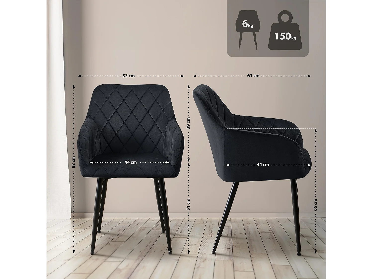 chaises avec accoudoirs - Velours - Noir - Monett
