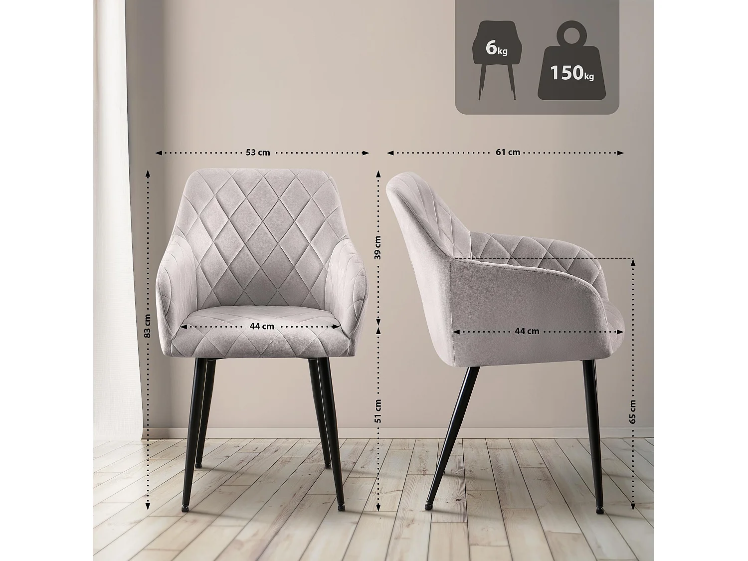 chaises avec accoudoirs - Velours - Gris - Monett
