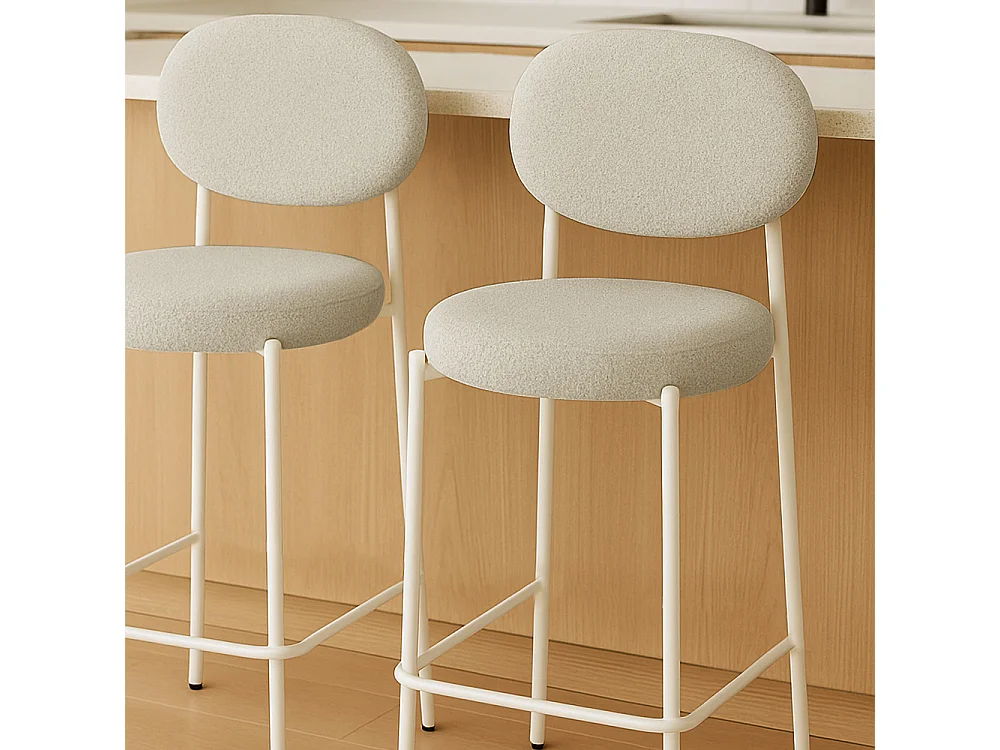 Kyoto - Lot de 2 tabourets de bar en tissu bouclette et pieds blancs - Écru