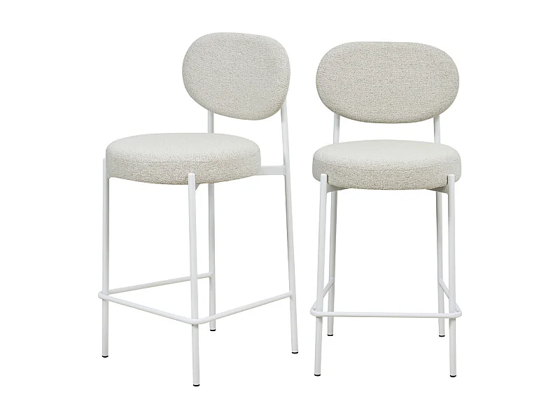 Kyoto - Lot de 2 tabourets de bar en tissu bouclette et pieds blancs - Écru